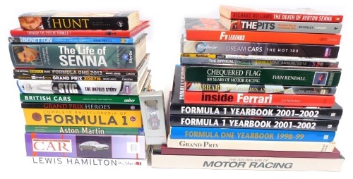 A collection of motoring related books, to include Formula 1 Year Book 2001 to 2002, Year Book 1998 to 1999, Michael Joseph Grand Prix, Nottage (Jane). Ferrari The Passion and The Pain, Encyclopaedia of F1, Williams (Richard). The Death of Ayrton Senna, D