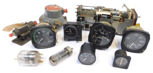 Aviation related dials, to include three Smiths Air Speed indicators, a Dietz Part 579R 200H01-B, Military Grade S122, Military Ailbron dial, a naval related Knots dial, and a MS90376-24 nautical mile guide. (1 tray)