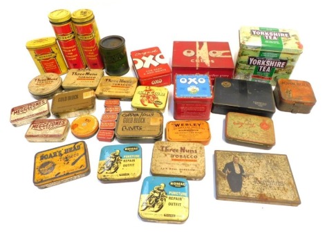 A group of advertising tins, to include Dunlop Repair Kits for tubuless tyres, Romak Puncture Repair Kits, etc. lacking contents. (1 box)