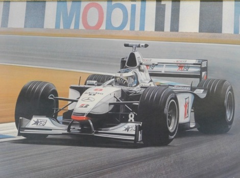 After Ray Goldsborough. F1 Racing Mercedes car, with Mobil track banner, print, 40cm x 62cm, framed and glazed.