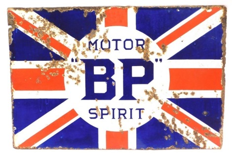 A BP Motor Spirit enamel double sided sign, with Union Jack, 61cm x 41cm. (AF)