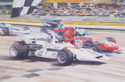 After Michael Turner. 1971 Italian Grand Prix Monza, bearing signature for Peter Gethin (Driver) and Michael Turner, limited edition 85/300, 45cm x 57cm.