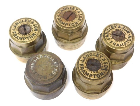 Five brass cart grease hub caps, each stamped Langley & Son Frampton. (5)