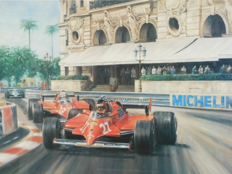 After Alan Fearnley. Jacques Villeneuve, limited edition print, signed in pencil to margin, numbered 458/850, 36.5cm x 55cm, framed and glazed.