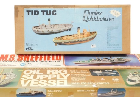 Balsa and ply model kits, comprising a PBM HMS Sheffield Type 42 Guided Missile Destroyer, PBM Weather Class Oil Rig Supply Vessel, and a Duplex Craft Company Tydd Tug Duplex Kit. (3)