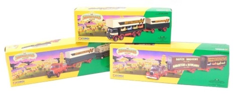 Corgi Classics The Showmans Range, comprising 15901 Scammell Highwayman generator with closed pole trailer and dodgem trailer set, Anderson Rowlands, a 16502 Scammell Highwayman ballast with closed pole trailer and caravan set, Pat Collins, and 09901 ERF 