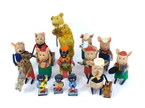 1930s Disney Three Little Pigs clockwork toys, and other clockwork toys, together with three Robertsons figures. (a quantity)