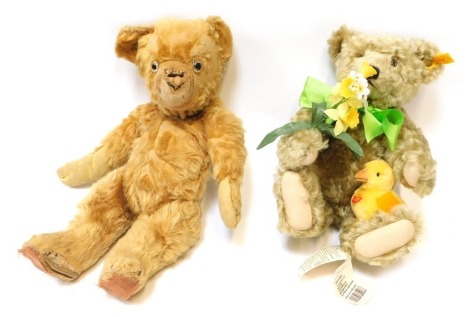 A Steiff Genuine Teddy Bear, Steiff Spring Bear with chick, 1997, 35cm tall, together with a mohair Teddy Bear with felt pads. (2)