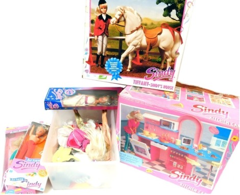 A group of Sindy dolls and accessories, to include Sindy Kitchen Cafe, Tiffany Sindy's horse, Superstar Sindy, Free-Wheeling Sindy, Jet-Away Sindy, clothing, together with other dolls. (a quantity)