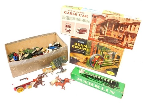 Britain's, Matchbox, and other figures and diecast vehicles, and a Hawk 517-130 San Francisco cable car, Airfix Museum model B engine, and a HO gauge Marklin SBBBCFF second glass coach. (1 tray)