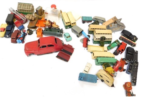 Diecast and tinplate vehicles, to include Matchbox Merryweather Fire Engine, Dinky buses, Dinky trains, a Chad Valley Harborne tinplate clockwork car, etc. (2 trays)