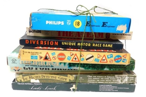 Vintage games, comprising Parker Bros The A Team, Diversion, Take The Test, Waddingtons Formula 1, Go For Broke, 221B Baker Street, Lady Luck and The Phillips Electronic Engineer. (8)