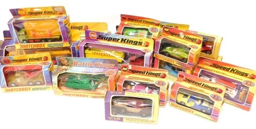 Matchbox Superkings, Models of Yesteryear, and Speed Kings, including K49 ambulance, K24 Lamborghini Miura, K30 Mercedes C111, K5 Muir Hill tractor and trailer, K20 cargo hauler and pallet loader, etc. (1 tray)