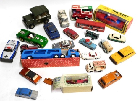 Triang, Corgi, Dinky, and other diecast vehicles, including Dinky Toys Range Rover, Corgi Toys Whizzwheels Ford Cortina GXL, Buddy L Brut Coca Cola delivery truck, Buddy L car carrier, Triang Willys Jeep, etc. (1 tray)