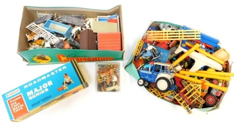 Matchbox, Corgi, and other diecast vehicles, including Dinky Toys Ford Escort, Lone Star Road Master Major Series Farm King tractor and trailer, Britains farm animals, etc. (1 tray)