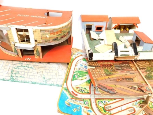 A Tri-ang mini garage, BOB constructional toy kit, farmyard, cardboard castle, etc. (a quantity)