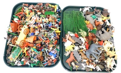 Britains and other farmyard, knights and other soldiers, and animals. (2 trays)