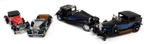 Franklin Mint diecast vehicles, including a 1929 Rolls Royce Phantom 1, 1938 Alvis 4.3 litre, 1928 Stutz Blackhawk Boat House Speedster, and a 1930 Bugatti Royale Coupe Napoleon. (4)