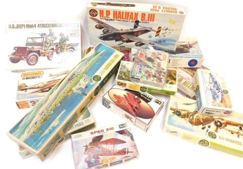 Tamiya and Airfix model kits, including HMS Victorious, SA.330 Pumas, Willys US Jeep, a Wellington B3, Martin B26 Marauder, etc. (1 box)