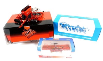 Ros 1:32 scale diecast farming implements, including a Maschio Aquila Rapido 6000, Lemken Mounted Reversible Plough Juwel 10, and a Kuhn Espro 6000 RC Trailed Mini Till seed drill, boxed. (3)