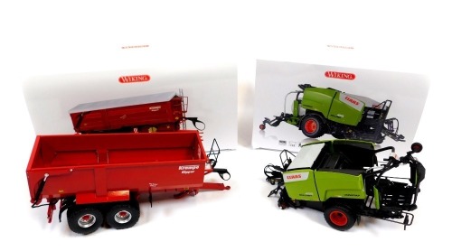 Wiking metal and plastic diecast 1:32 scale farming implements, including a Claas Roll Iron 455 Uniwrap baler, and a Krampe Kipper Big Body 650S trailer, boxed. (2)