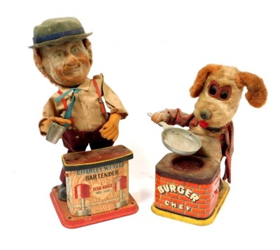 A Charlie Weaver battery powered bar tender, and Roscoe Toys, and a Yonezawa Burger Chef Dog battery operated toy. (2)