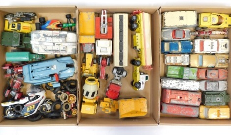 Various play worn diecast, including Dinky Toys Spectrum Pursuit vehicle, Dinky Toys Maximum Security vehicle, Corgi Mobil Motorsport Collection Benetton Ford B189, Matchbox King Size dump truck, Matchbox Super Kings K16 articulated tanker, etc. (3 trays)