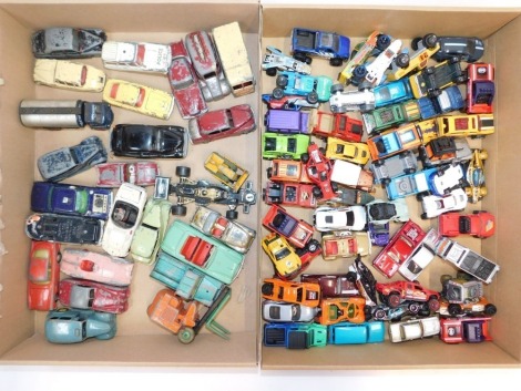 Dinky, Matchbox, and other play worn diecast vehicles, including Dinky Toys Jaguar 3.4 litre, Corgi Toys Aston Martin DB4, Dinky Toys NCB Electric van, Dinky Toys Morris Oxford, Matchbox Diesel Thunder V16. (2 trays)