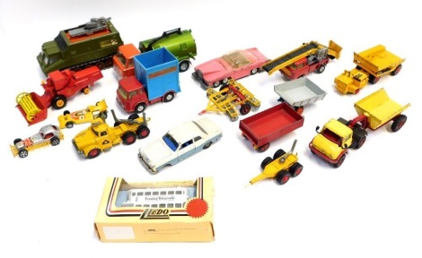 Dinky, Corgi, and other play worn diecast, including Lady Penelope's Fab 1, Dinky Toys Shadow 2, Corgi Chipperfield Circus Bedford tractor unit, Dinky Johnson's road sweeper, etc. (1 tray)