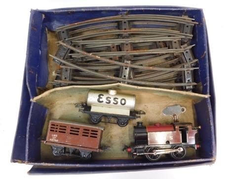 A Hornby O gauge tinplate clockwork train set, to include LMS crimson locomotive, O-4-0, 2270, cattle truck, and track, boxed.