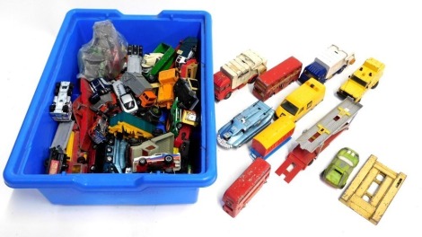 Corgi Dinky and other diecast, play worn, to include Corgi Revopak Refuse Collector, Spectrum Pursuit Vehicle, Corgi Juniors car transporter, Matchbox Superkings The Londoner K15, Corgi Ford Transit, etc. (1 box)