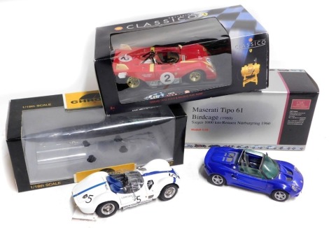 1:18 scale diecast model vehicles, including a CMC Exclusive Models Maserati Tipo 61 Birdcage 1960, a Chrono Lotus Elise, and a Shell Classico Collection Ferrari 1972 312 P and Racing fuel pump, boxed. (3)