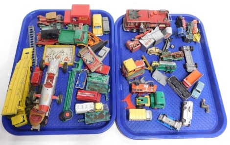 Triang, Matchbox, Dinky, and other diecast vehicles, including Dinky Toys Merryweather Marquis fire tender, Matchbox Sky Warrior car transporter, Matchbox King Size K17 Dyson low loader, Matchbox King Size cased tractor, etc. (2 trays)