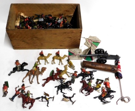 Britains and other lead soldiers, including a tank gun, Maasai Warriors, Native Americans, Edwin Warriors, etc. (1 tray)