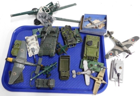 Dinky Toys diecast military vehicles, including Alvis Scorpion and Striker, Hawker Hurricane mark 2C, Corgi Toys SU100 Russian medium tank, etc. (1 tray)