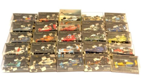 Paul's Model Art by Minichamps diecast F1 vehicles, including a Tyrrell P34 1976 six wheeler P De Pailer, Wolf Ford WR1 Theodore Racing K Rosberg 1978, Williams Mecachrome 1998 FW20, Lotus Ford 79 Marco Andretti Italian GP 1979, BAR 01 Super Tech Jacques 