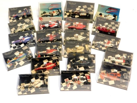 Paul's Model Art Minichamps diecast F1 cars, including Toro Rosso Cosworth STR 1 V Lucy 2006, Tyrrell Ford 025 Jacques Verstappen GP San Morino 1997, Arrows BMW A8 T Boutsen 1985, 2001 British Grand Prix Event Car, European Menardi F1X2 Jaques Verstappen