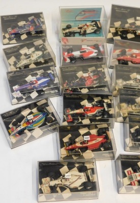 Paul's Model Art Minichamps diecast F1 cars, including Toro Rosso Cosworth STR 1 V Lucy 2006, Tyrrell Ford 025 Jacques Verstappen GP San Morino 1997, Arrows BMW A8 T Boutsen 1985, 2001 British Grand Prix Event Car, European Menardi F1X2 Jaques Verstappen - 2