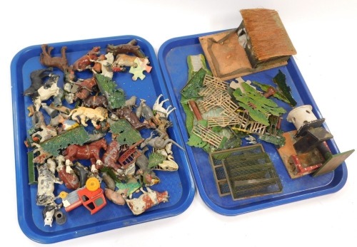 Britains and other lead and plastic farm and zoo animals, to include lion, cows, horses, and other accessories. (2 trays)