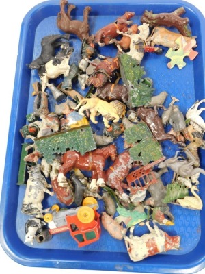 Britains and other lead and plastic farm and zoo animals, to include lion, cows, horses, and other accessories. (2 trays) - 2