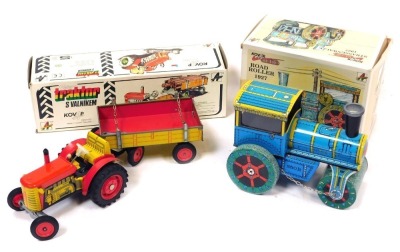 Kovap tin plate clockwork tractor and trailer, and a Kovap tin plate road roller. (2)