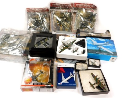 Corgi Falcon Models and other diecast planes, including a Sky Treks Lancaster Bomber, Augusta A109 helicopter, Falcon Models Fieseler i 156C Storch Dwight D Eisenhower Paris 1944, Atlas Editions Handley Page Halifax, etc. (a quantity)