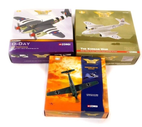 Corgi The Aviation Archive diecast planes, comprising Flying Aces Messerschmitt 109E 7.JG51 Werner Molders, De Havilland Mosquito FB V-HR118, 3-W number 235 Squadron June 1944, and a Korean War Gloucester Meteor F8, number 77 Squadron Royal Australian Air