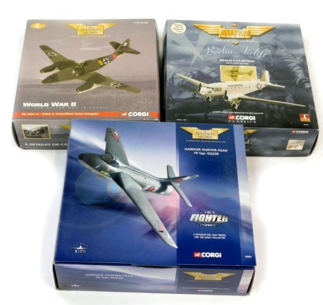 Corgi The Aviation Archive 1:72 scale diecast planes, comprising Douglas C47A Sky Train United States Air Force, ME262A-1A Yellow 5 Unteroffizier Anton Schoppler, and a Hawker Hurricane FGA9 79 Squadron XG228. (3)