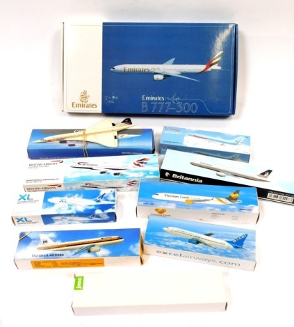 PPC and other collectable model planes, including a Thomas Cook Airlines Airbus A321, Airbus 320 Monarch Airlines, Emirates B777-300, Thompson Airways Boeing 737-800, etc. (a quantity)