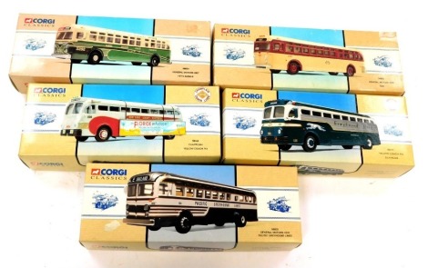 Corgi Classics vintage Buses USA, comprising General Motors 4506DSR, General Motors 4507 Fifth Avenue Coach Company, Greyhound Lines Yellow Coach 743 Silver Side, General Motors 4502 Pacific Greyhound Lines, etc., boxed. (5)