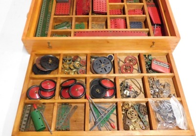 A pine and ply wood divider box containing Meccano, gears, wheels, nuts, bolts, etc. (1 box) - 2