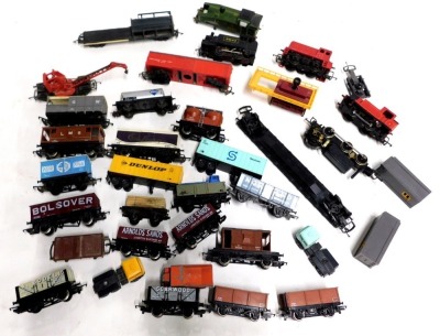 Hornby Tri-ang and other locomotive and rolling stock, including Bolsover tipper wagon, LMS brake coach, Cadburys Box car, Dock Authority locomotive no. 3, etc. (1 tray)