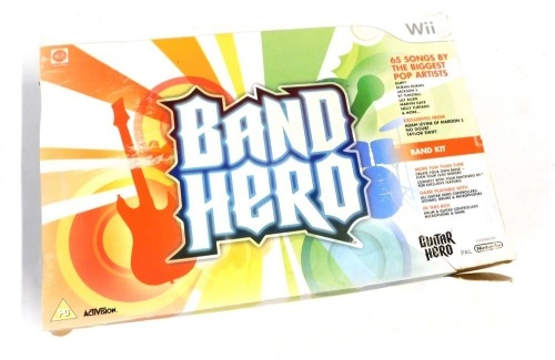 A Wii Band Hero Band Kit, including drum set, guitar controllers, microphone and game, boxed.