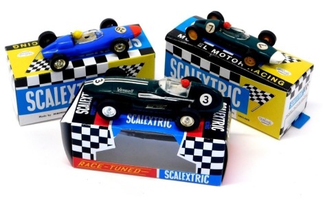 Scalextric, slot cars including a 1964 BRM in blue, BRM in green, both boxed and a Vanwall F1 car, in associated box. (3)